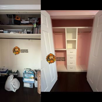 Hedgehog Handyman - Before and after of a fully custom closet built with high-quality materials and tailored storage solutions. By Hedgehog Handyman - Handyman Near Me - Columbia, South Carolina Hedgehog Handyman - Before and after of a fully custom closet built with high-quality materials and tailored storage solutions. By Hedgehog Handyman - Handyman Near Me - Columbia, South Carolina