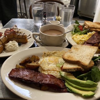 Cafe Bonjour - Nutella French Toast, 2 eggs over easy with bacon and avocado, and 2 eggs scrambled, English Breakfast Tea with cream. - Breakfast & Brunch Near Me - Boston, Massachusetts