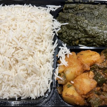 Raj's Indian Kitchen - lunch combo #2 (two vegetable dishes) - chana palak [top] & aloo bhindi [bottom] - Indian Near Me - Long Island City, New York