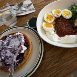 Salsa Macha Eggs and Lemon Ricotta with Blueberry pancakes Salsa Macha Eggs and Lemon Ricotta with Blueberry pancakes