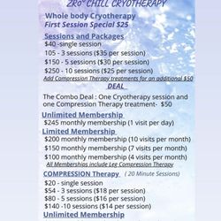 ZR0 Chill Cryotheraphy - Current service offerings. Companion offer on website.