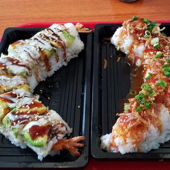 Ninja Sushi - The Green Dragon roll and the Superman roll, both with rice wrap instead of nori. - Sushi Bars Near Me - Kapolei, Hawaii Ninja Sushi - The Green Dragon roll and the Superman roll, both with rice wrap instead of nori. - Sushi Bars Near Me - Kapolei, Hawaii
