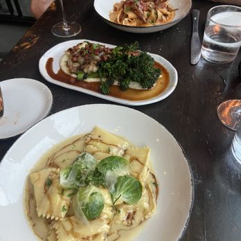 Culaccino - Pappardelle at the top, Charred Broccolini in the center and Ravioli at the bottom. - Italian Near Me - Franklin, Tennessee Culaccino - Pappardelle at the top, Charred Broccolini in the center and Ravioli at the bottom. - Italian Near Me - Franklin, Tennessee