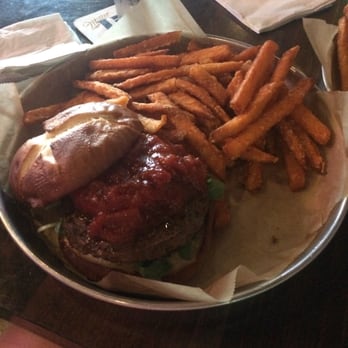 Burger Bar Chicago - Wild bill burger: Bison burger with goat cheese, arugula, tomato chutney on a pretzel bun. Very messy to eat! - Burgers Near Me - Chicago, Illinois