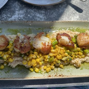 Bluewater Grill - Scallops with grits. - Seafood Near Me - Santa Barbara, California Bluewater Grill - Scallops with grits. - Seafood Near Me - Santa Barbara, California