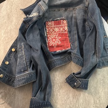 Bohemian Wood - Jean jacket with fabric sewn on the back. - Thrift Stores Near Me - Crestline, California Bohemian Wood - Jean jacket with fabric sewn on the back. - Thrift Stores Near Me - Crestline, California