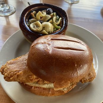 Thirsty Owl Wine Company - Fish sandwich and pasta salad - Wineries Near Me - Ovid, New York