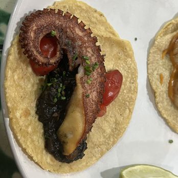 Holbox - Taco de Pulpo en su Tinta Braised and fried gulf of Mexico octopus, calamari ink sofrtio 7 - Latin American Near Me - Los Angeles, California Holbox - Taco de Pulpo en su Tinta Braised and fried gulf of Mexico octopus, calamari ink sofrtio 7 - Latin American Near Me - Los Angeles, California