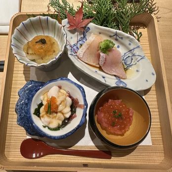 Yasu - Top left to bottom left: Hokkaido scallop and uni with caviar, yellowtail shabu shabu style, tuna tartare with ikura, shirocka - Japanese Near Me - Toronto, Ontario