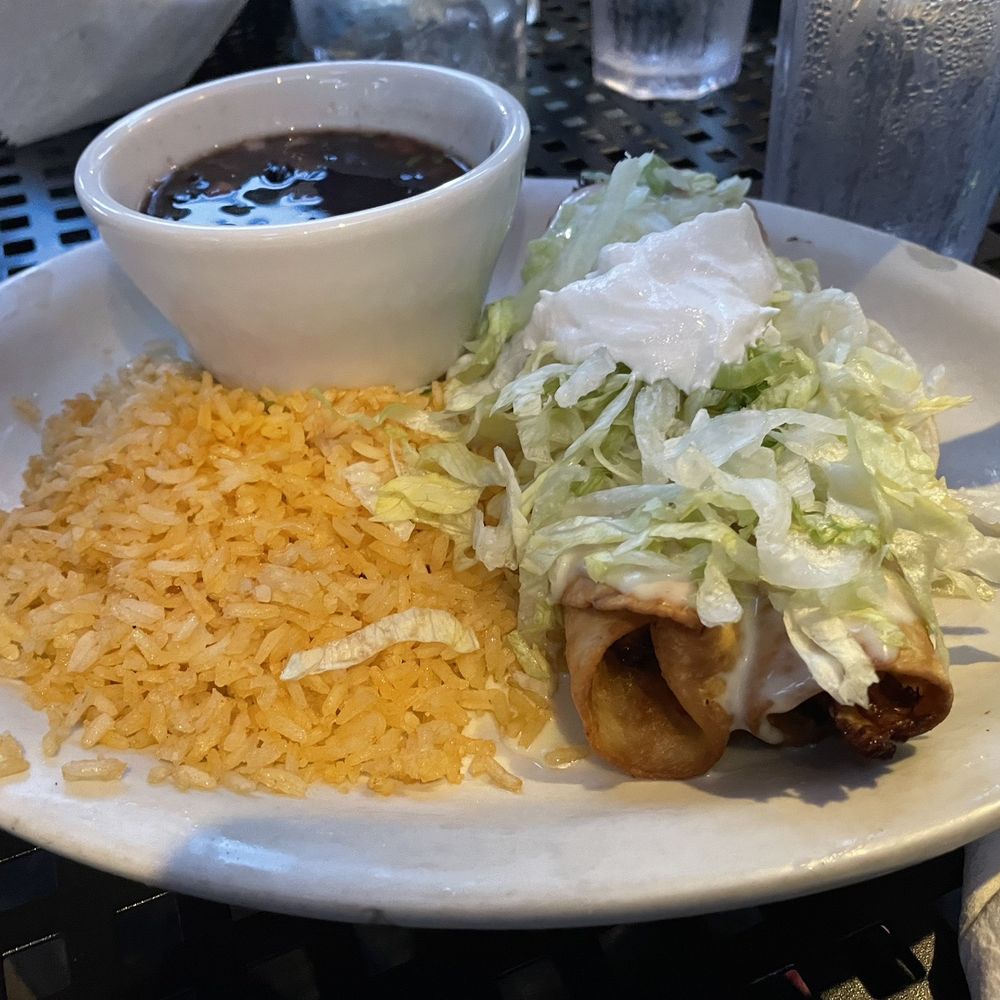 Chicken Chimichangas, fried rice, black beans Chicken Chimichangas, fried rice, black beans