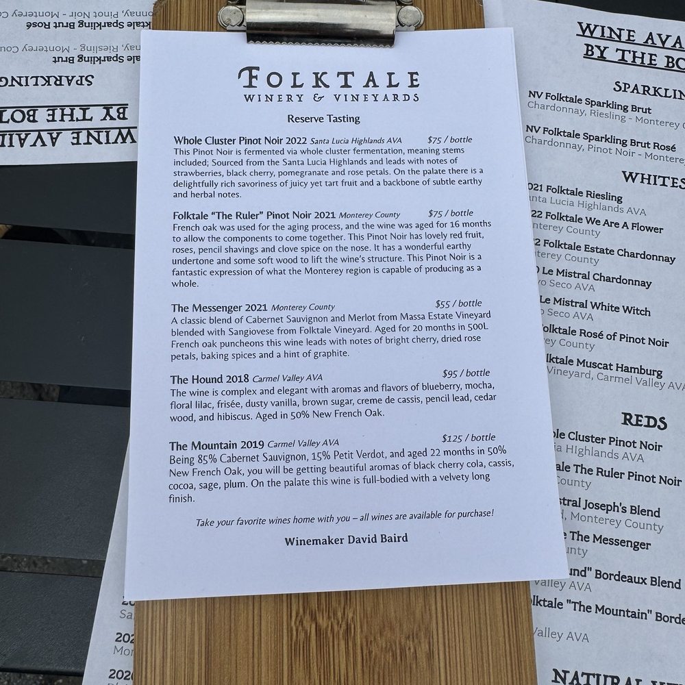 Folktale Winery - Tasting menu - Wineries Near Me - Carmel, California