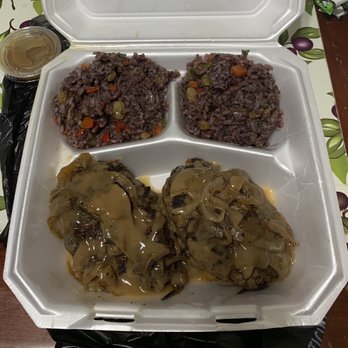 Bergeron's City Market - Hamburger steaks with grilled onions and Purple Island rice - Southern Near Me - Baton Rouge, Louisiana
