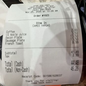 Stay USA Cafe - Receipt - Breakfast & Brunch Near Me - Hot Springs, South Dakota Stay USA Cafe - Receipt - Breakfast & Brunch Near Me - Hot Springs, South Dakota