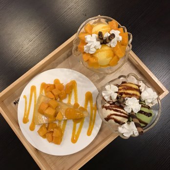 Mango Mango Dessert - Left: Mango Mille Crepe Bottom Right: Triple Icecream Delight (Green tea, vanilla, mango)  Top right: Mango Sundae - Desserts Near Me - Plano, Texas