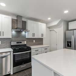 Ideal Tile of Philadelphia - Kitchen Cabinets, Backsplash and quartz counter tops all purchased from porcelain tile floors all purchased from IDEAL TILE OF PHILADELPHIA!