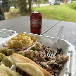 The BBQ Hut - Pork BBQ plate with a bun & 2 sides - Mac & cheese & fried okra here