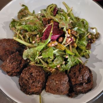Gather Food and Drink - Roasted Beets - arugula, pistachios, goat cheese, rosemary balsamic + Falafel (which was overcooked) - Wine Bars Near Me - Rocky River, Ohio Gather Food and Drink - Roasted Beets - arugula, pistachios, goat cheese, rosemary balsamic + Falafel (which was overcooked) - Wine Bars Near Me - Rocky River, Ohio