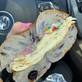 Jersey Bagels - Blueberry bagel birthday cake cream cheese egg whites - Bagels Near Me - Houston, Texas