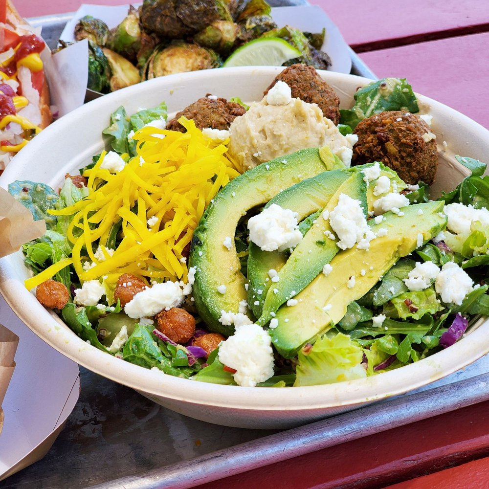 Gott's St. Helena - Falafel salad with avocado feta cheese and deep fried garbanzo beans with hummus - Burgers Near Me - Saint Helena, California Gott's St. Helena - Falafel salad with avocado feta cheese and deep fried garbanzo beans with hummus - Burgers Near Me - Saint Helena, California