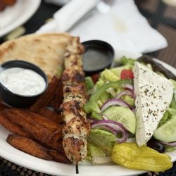 Union Cafe - Greek Chicken Souvlaki Platter with sweet potato fries.