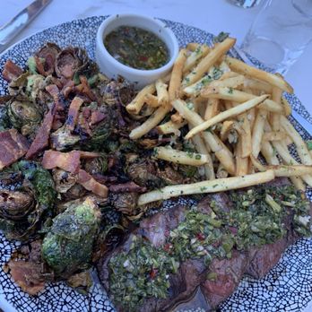 The 908 - Steak with chimichurri sauce (they allowed substitution of Brussels sprouts for the standard greens) - New American Near Me - Long Beach, California The 908 - Steak with chimichurri sauce (they allowed substitution of Brussels sprouts for the standard greens) - New American Near Me - Long Beach, California