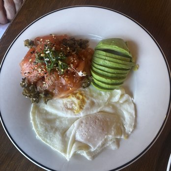 Supper - Eggs any style, cold cut salmon, avocado half - New American Near Me - San Antonio, Texas Supper - Eggs any style, cold cut salmon, avocado half - New American Near Me - San Antonio, Texas