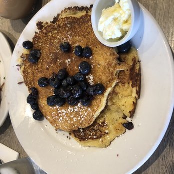 Shorehouse Kitchen - Cornmeal Pancakes with Lemon & Blueberries, even the short stack is massive! - Coffee & Tea Near Me - La Jolla, California Shorehouse Kitchen - Cornmeal Pancakes with Lemon & Blueberries, even the short stack is massive! - Coffee & Tea Near Me - La Jolla, California