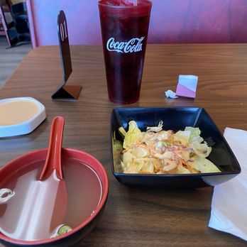 Mum Mum Hibachi - Soup and salad comes with meal. Container of yum yum sauce and the real thing Diet Coke - Japanese Near Me - Circleville, Ohio