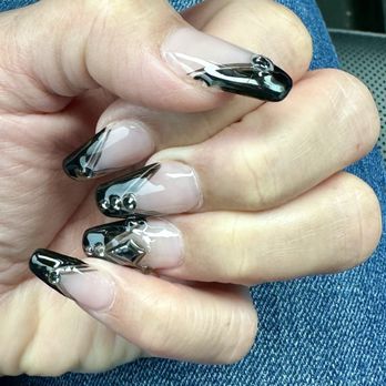 Honey Nails & Head Spa - Deep French black tip with rhinestones . - Nail Salons Near Me - Kingsland, Georgia Honey Nails & Head Spa - Deep French black tip with rhinestones . - Nail Salons Near Me - Kingsland, Georgia