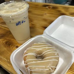 The Washboard - Butterscotch and white chocolate iced latte; maple glazed doughnut