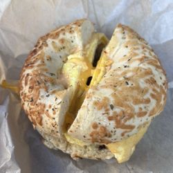 Concord Trading Post - Bagel sandwich (Asiago with sausage egg and cheddar cheese with garlic Parmesan aioli)