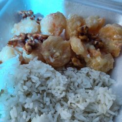Wing's Garden Cafe - My leftovers. Walnut Shrimp and steamed rice.
