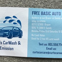 Curt's Carwash & Emission - Good for free car wash. No expiration date.