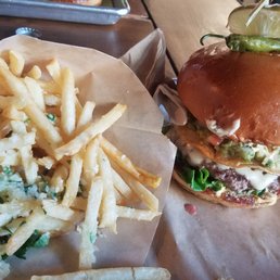 Los luchadores burger and Parmesan truffle fries Los luchadores burger and Parmesan truffle fries
