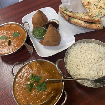 Punjab Cafe - Vegetable Samosa, Butter Chicken (w/ Basmati Rice), & Shrimp Vindaloo (w/ Garlic Naan) - Indian Near Me - San Jose, California Punjab Cafe - Vegetable Samosa, Butter Chicken (w/ Basmati Rice), & Shrimp Vindaloo (w/ Garlic Naan) - Indian Near Me - San Jose, California