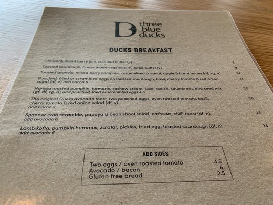 Menu photo 1 Three Blue Ducks Brisbane City, QLD