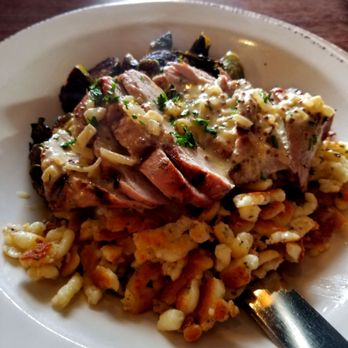 Bellingham Cider - Pork tenderloin with brussel sprouts and spaetzle with mustard sauce - Cideries Near Me - Bellingham, Washington Bellingham Cider - Pork tenderloin with brussel sprouts and spaetzle with mustard sauce - Cideries Near Me - Bellingham, Washington