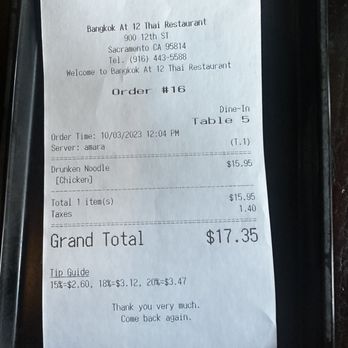Bangkok @12 Thai Restaurant - Receipt for 1 dish lunch - Thai Near Me - Sacramento, California Bangkok @12 Thai Restaurant - Receipt for 1 dish lunch - Thai Near Me - Sacramento, California