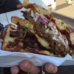 Harvest Launceston, Community Farmers' Market - Pulled chilli beef waffles for $10. Delish! Tho messy to eat we'd have it again!