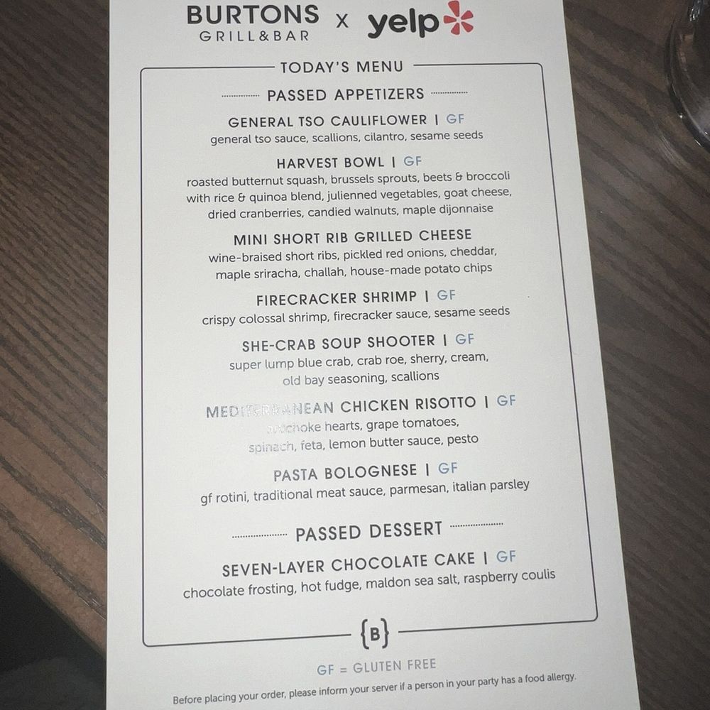 Burtons Grill & Bar - Menu for Yelp Event - Seafood Near Me - Atlanta, Georgia Burtons Grill & Bar - Menu for Yelp Event - Seafood Near Me - Atlanta, Georgia