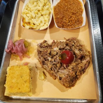 Bessinger's BBQ - Pulled pork plate with jalapeño cornbread, hash over rice and man n cheese. - Barbeque Near Me - Charleston, South Carolina