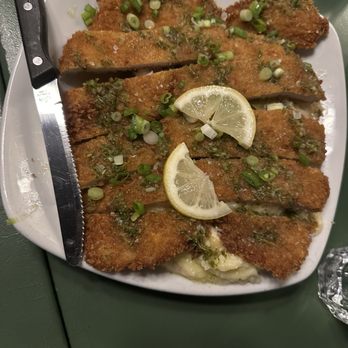 Hazel - Pork Schnitzel-Braised cabbage, bacon, smashed potatoes, lemon vinaigrette, green onion - Pizza Near Me - Occidental, California Hazel - Pork Schnitzel-Braised cabbage, bacon, smashed potatoes, lemon vinaigrette, green onion - Pizza Near Me - Occidental, California