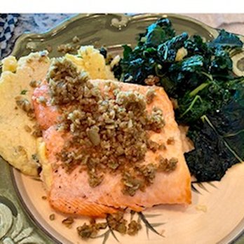 Cook Unity - Cedar Planked Steelhead Trout, Corn Pudding, Cavolo Nero, Pumpkin Seed Gremolata - Food Delivery Services Near Me