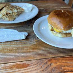 Sausage quesadilla and pork belly breakfast sandwich Sausage quesadilla and pork belly breakfast sandwich