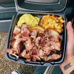 No Sauce’s Smokehouse BBQ - Rib-Tip Plate with mac n cheese and potato salad.