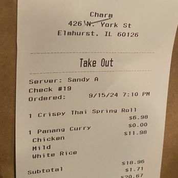 Charm Thai BBQ - Receipt for takeout - Thai Near Me - Elmhurst, Illinois