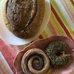 Rosemary sourdough with polenta, cardamom cinnamon pain au and the Zaater bagel (five stars) Rosemary sourdough with polenta, cardamom cinnamon pain au and the Zaater bagel (five stars)