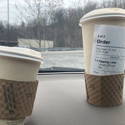 Large eggnog latte and small joy latte