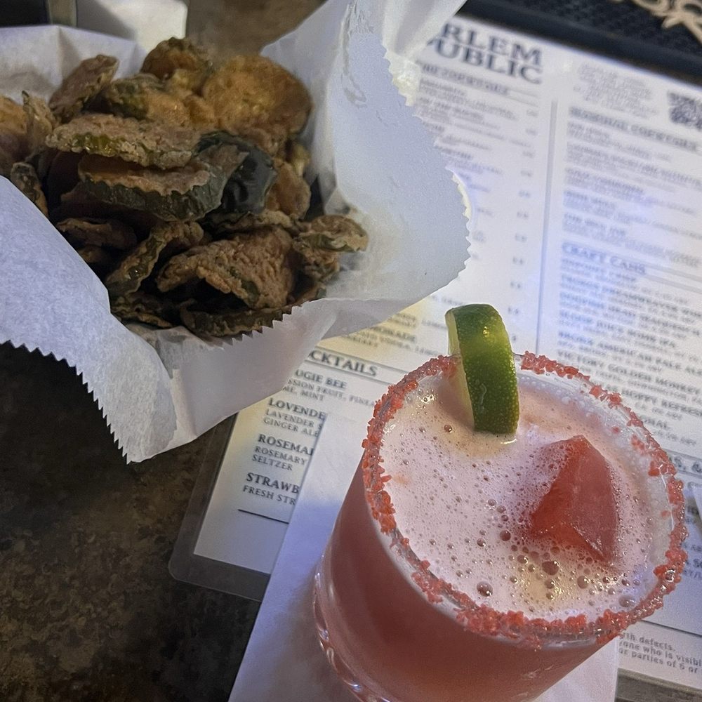 Harlem Public - Fried Pickles Pop rock watermelon Margarita - New American Near Me - New York, New York Harlem Public - Fried Pickles Pop rock watermelon Margarita - New American Near Me - New York, New York