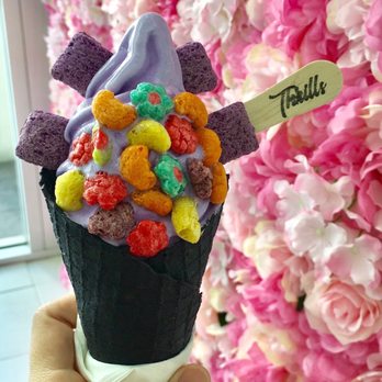 Thrills Soft Serve - Ube soft serve in charcoal cone. Toppings: trix cereal, ube pillows - Ice Cream & Frozen Yogurt Near Me - Honolulu, Hawaii Thrills Soft Serve - Ube soft serve in charcoal cone. Toppings: trix cereal, ube pillows - Ice Cream & Frozen Yogurt Near Me - Honolulu, Hawaii